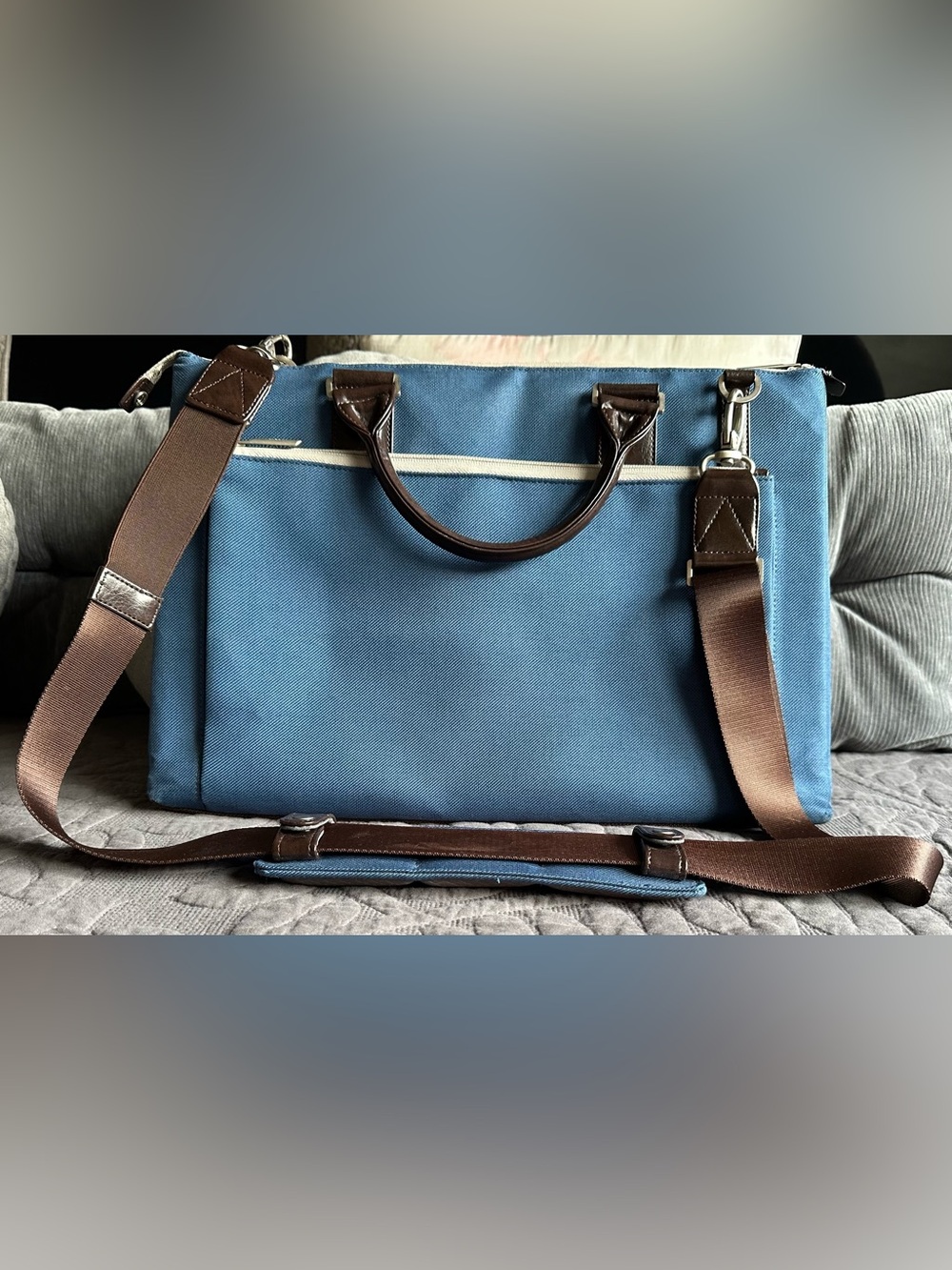 Moshi Urbana Blue Canvas Laptop Briefcase with Brown Trim and Adjustable Strap